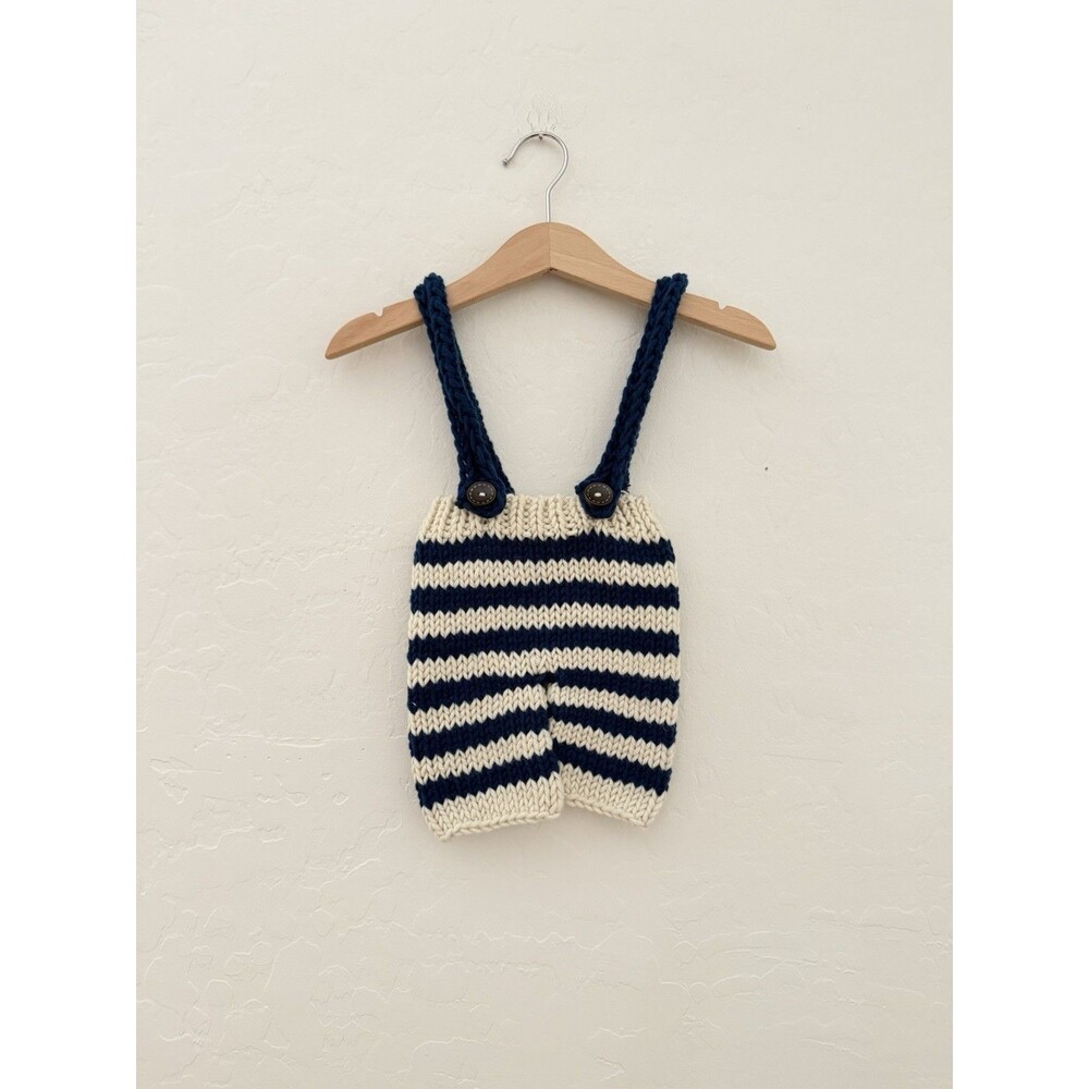 Handmade Knit Baby Romper Navy Blue Cream Striped Button Strap